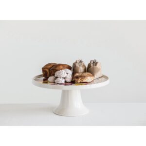 3R Studios Single-Tier White Stoneware Cake Stand with Multicolor Flowers