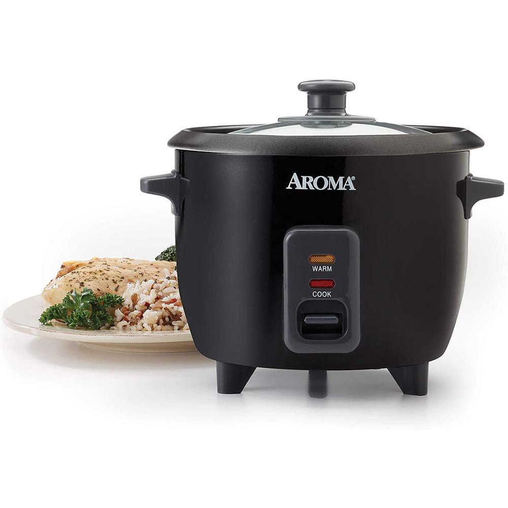 AROMA 6-Cup Black Rice Cooker with Removable Steam Tray