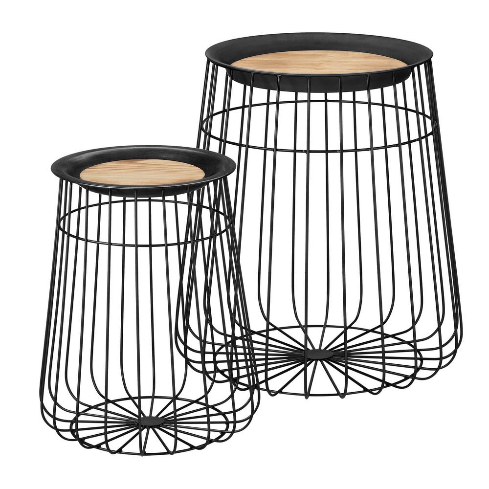 Home Decorators Collection Round Black Metal Decorative Basket with Wood Lid (Set of 2)