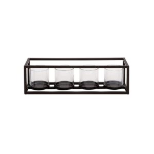 LITTON LANE 5 in. Black Iron and Clear Glass 4-Pedestal Rectangular Candle Holder