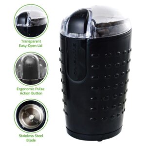 Ovente 2.5 oz. Black One-Touch Electric Coffee Grinder with Transparent Easy Open Lid and Stainless Steel Blades