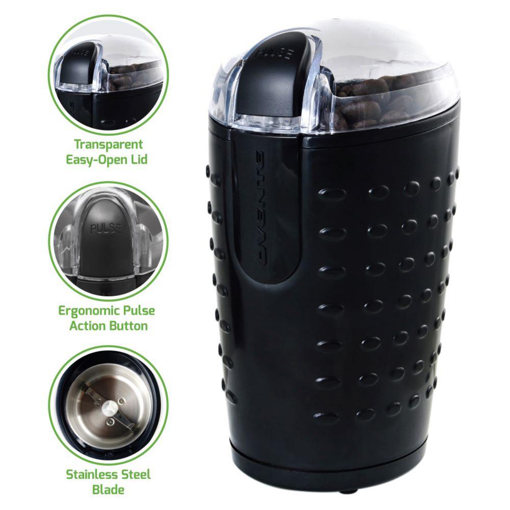 Ovente 2.5 oz. Black One-Touch Electric Coffee Grinder with Transparent Easy Open Lid and Stainless Steel Blades