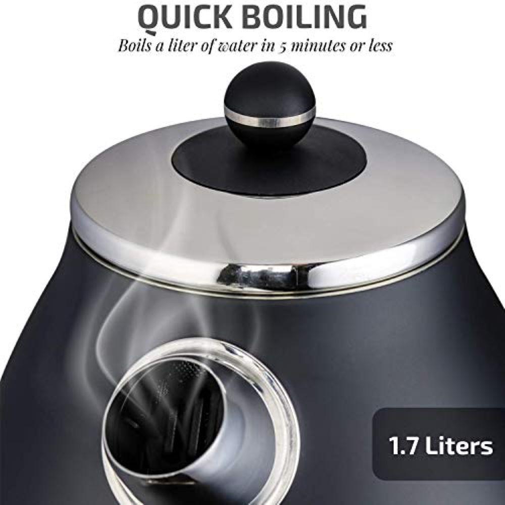 Ovente 7.2-Cup Black Stainless Steel Electric Kettle with Removable Filter, Boil Dry Protection and Auto Shut Off Features