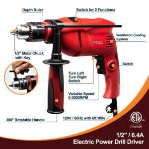 Boyel Living 6.4 Amp Corded 1/2 in. Power Drill Driver Hammer Drill with Variable Speed and Rotatable Handle