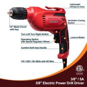 Boyel Living 5 Amp Corded 3/8 in. Red Power Drill Driver Reversible with Lock-on Button