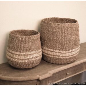 Zentique Concave Hand Woven Wicker Seagrass and Palm Leaf with Light Pin Stripes Medium Basket