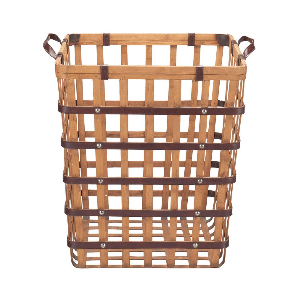 Home Decorators Collection Square Natural Bamboo and Leather Decorative Basket with Leather Handles
