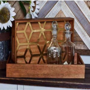 LITTON LANE Stained Brown Decorative Trays with Gold Geometric Patterns (Set of 2)