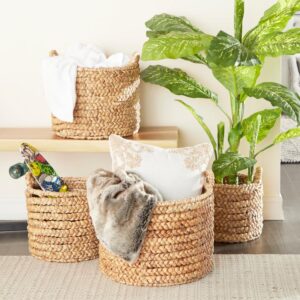 LITTON LANE Round Water Hyacinth and Metal Storage Wicker Baskets (Set of 4)
