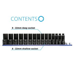 Capri Tools 3/8 in. Drive Metric Shallow and Deep Impact Socket Set with Billet Aluminum Socket Rail (30-Piece)