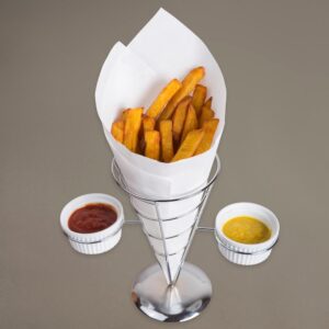 Creative Home Chrome Iron Wire French Fry Set with Single Cone Holder, 2-Ceramic Ramekins for Dipping Sauce