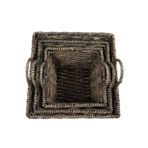 LITTON LANE Large Square Water Hyacinth Wicker Dark Brown Storage Baskets (Set of 3)