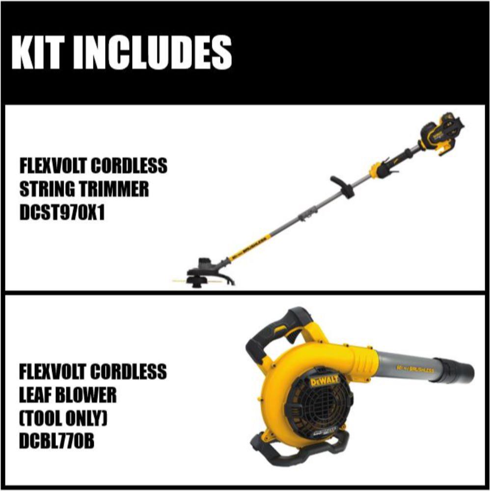 DEWALT 15 in. 60V MAX Cordless FLEXVOLT Brushless String Grass Trimmer, (1) 3.0Ah Battery & Charger & Leaf Blower (Tool Only)
