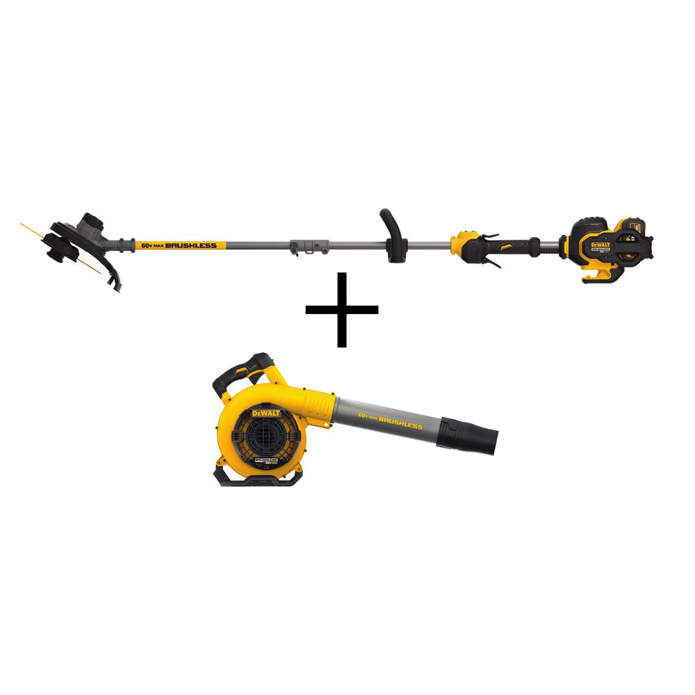 DEWALT 15 in. 60V MAX Cordless FLEXVOLT Brushless String Grass Trimmer, (1) 3.0Ah Battery & Charger & Leaf Blower (Tool Only)