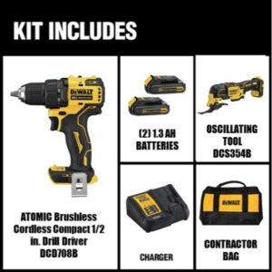 DEWALT ATOMIC 20-Volt MAX Cordless Brushless Compact 1/2 in. Drill/Driver, (2) 20-Volt 1.3Ah Batteries & Oscillating Tool
