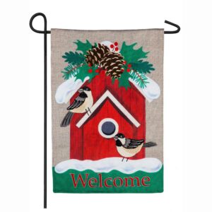 Evergreen 18 in. x 12.5 in. Holiday Chickadee Birdhouse Garden Burlap Flag