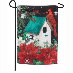 Evergreen 18 in. x 12.5 in. Poinsettia Birdhouse Garden Textured Suede Flag