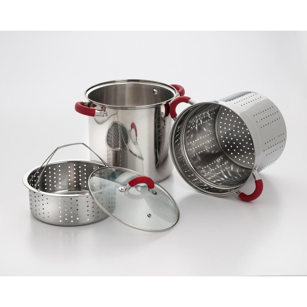 ExcelSteel 12 Qt. Stainless Steel Multi-Cooker Pasta Pot with Lid and Red Silicone Handles
