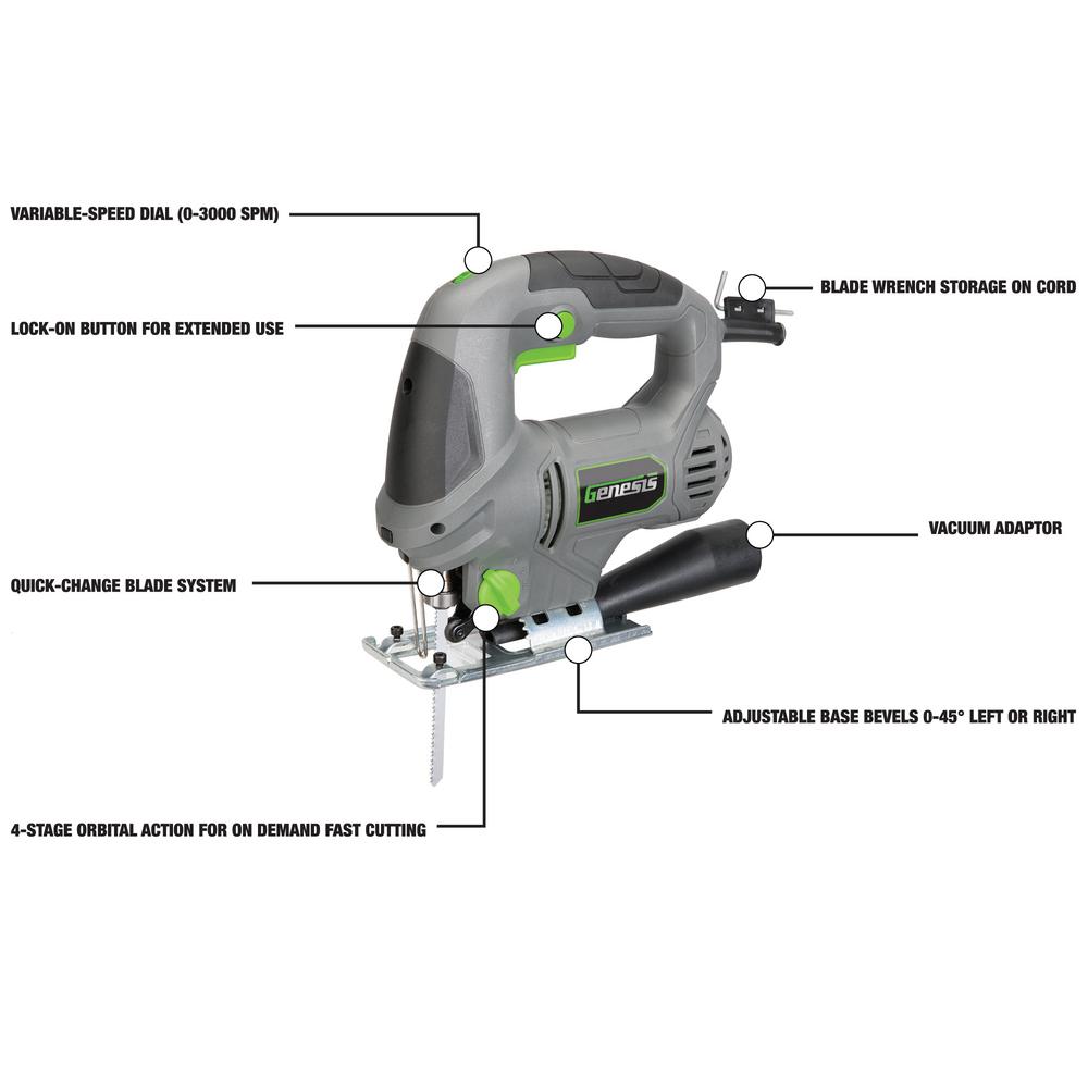 Genesis 5.0 Amp Variable Speed Jig Saw with Quick-Change, 4-Position Orbit, Adjustable Base, Rip Guide and Blades