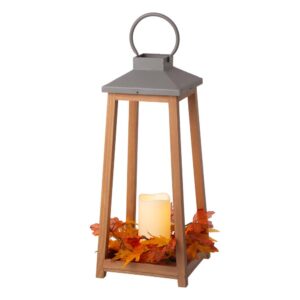 Glitzhome 19.29 in. H Wooden/Metal Led Pillar Lantern with 3 Changeable Candle Rings Spring/Fall/Christmas