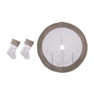 Glitzhome 48 in. Tree Skirt and 21 in. H Stocking (Set of 3 White Fleece Christmas Decorations)