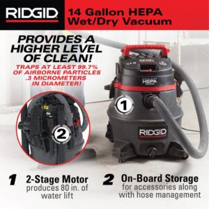 RIDGID 14 Gal. 2-Stage HEPA Commercial Wet/Dry Shop Vacuum with Filter, Dust Bag, Professional Hose and Accessories