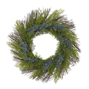 Nearly Natural 21 in. Cedar with Blue Berries Artificial Wreath