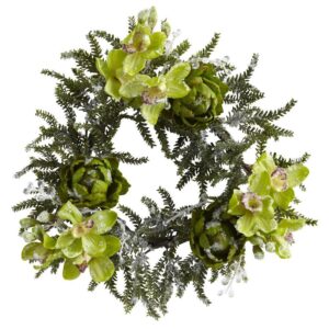 Nearly Natural 22 in. Iced Cymbidium and Artichoke Wreath