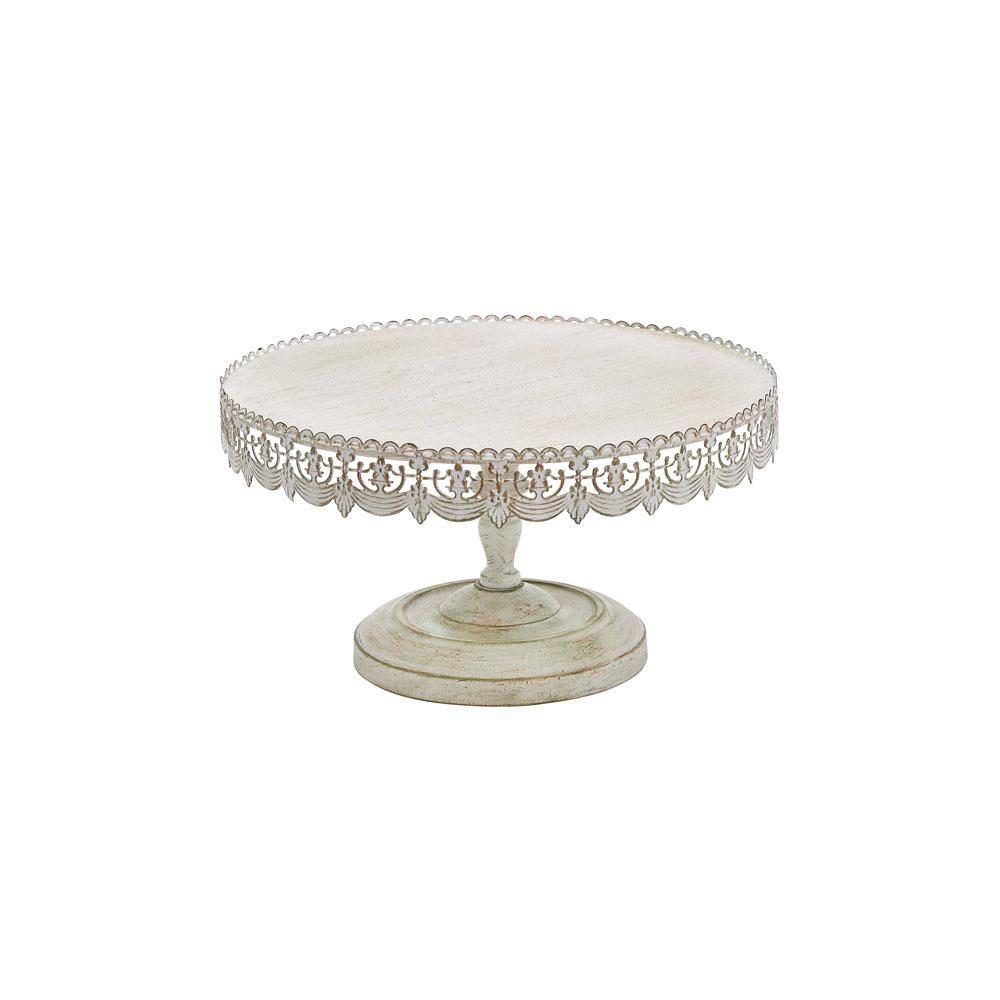 LITTON LANE 16 in. W x 9 in. H Whitewashed and Rust Brown Round Iron Cake Stand with Floral Bunting Overhang