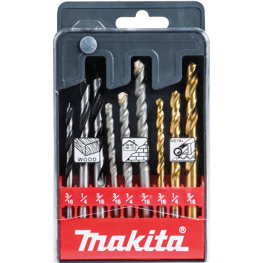 Makita 9-Piece Assorted Drill Bit Set Metal Wood Masonry Straight Shank