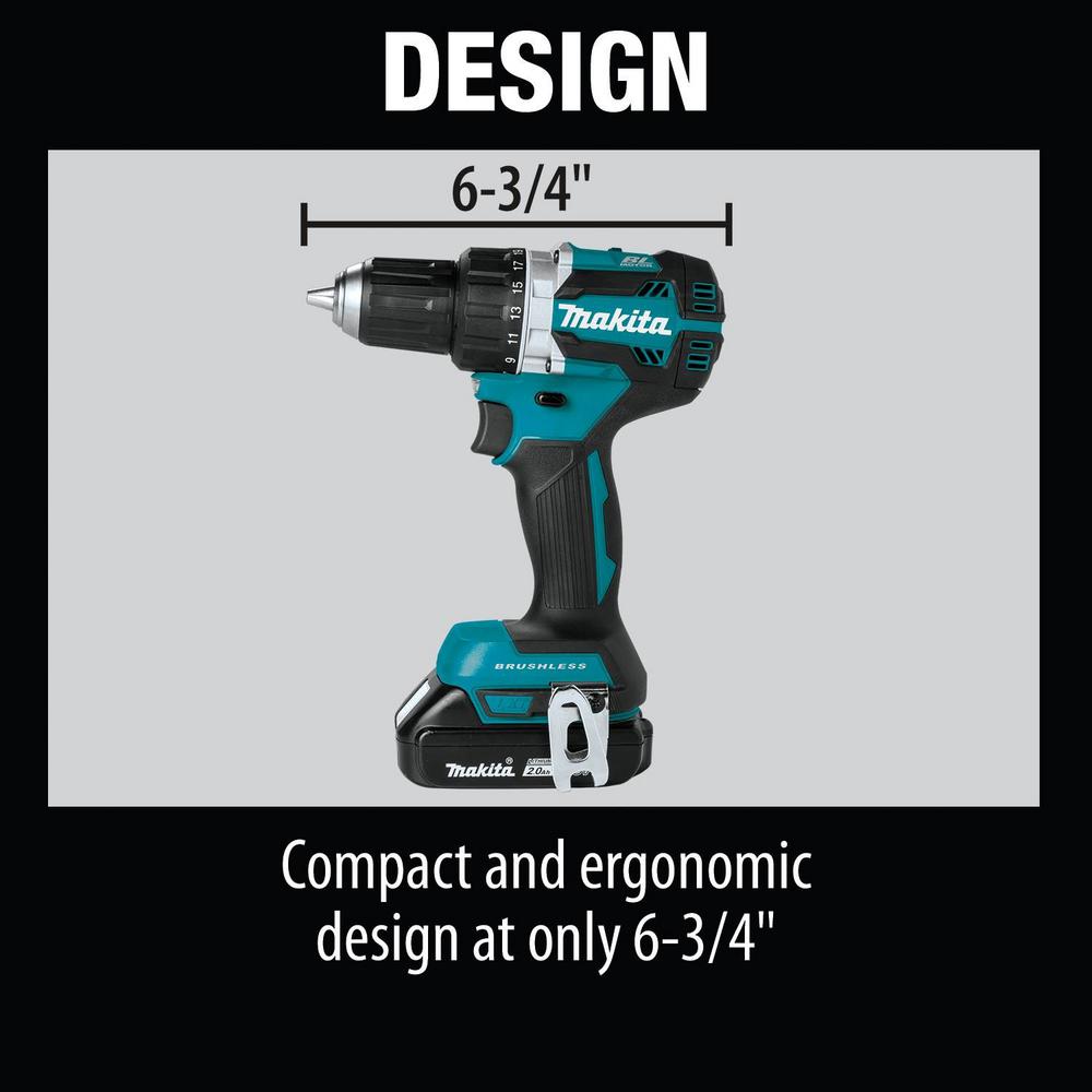 Makita 18-Volt LXT Lithium-Ion Compact Brushless Cordless 1/2 in. Driver-Drill Kit w/ (2) Batteries (2.0Ah), Charger, Bag