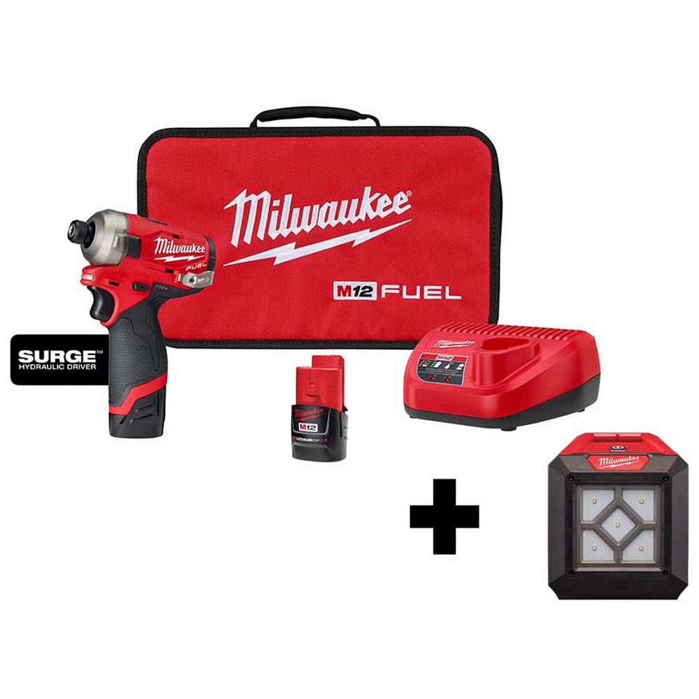 Milwaukee M12 FUEL SURGE 12-Volt Lithium-Ion Brushless Cordless 1/4 in. Hex Impact Driver Compact Kit with M12 Flood Light