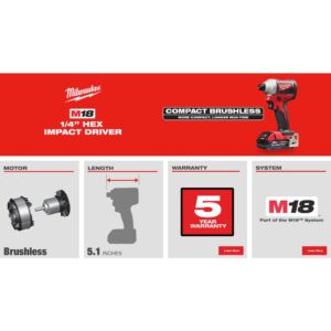 Milwaukee M18 18-Volt Lithium-Ion Compact Brushless Cordless 1/4 in. Impact Driver Kit W/ (1) 2.0 Ah Battery, Charger & Tool Bag