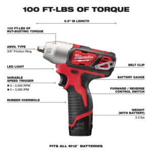 Milwaukee M12 12-Volt Lithium-Ion Cordless 3/8 in. Impact Wrench Kit W/ (2) 1.5Ah Batteries, Charger & Hard Case