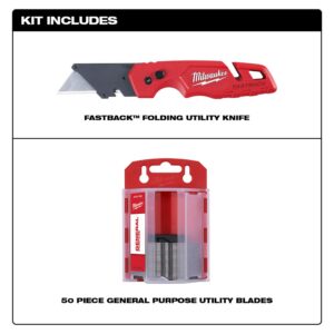 Milwaukee FASTBACK Folding Utility Knife with Blade Storage and 50-Pack General Purpose Utility Blade Set