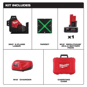 Milwaukee M12 12-Volt Lithium-Ion Cordless Green 250 ft. 3-Plane Laser Level Kit with One 4.0 Ah Battery, Charger and Case