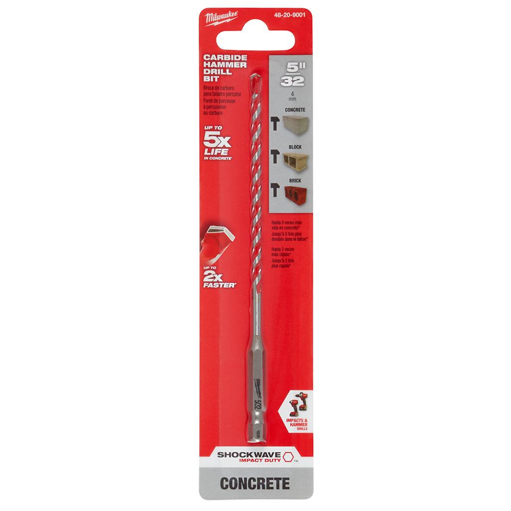 Milwaukee 5/32 in. x 4 in. x 6 in. SHOCKWAVE Carbide Hammer Drill Bit for Concrete, Stone, Masonry Drilling