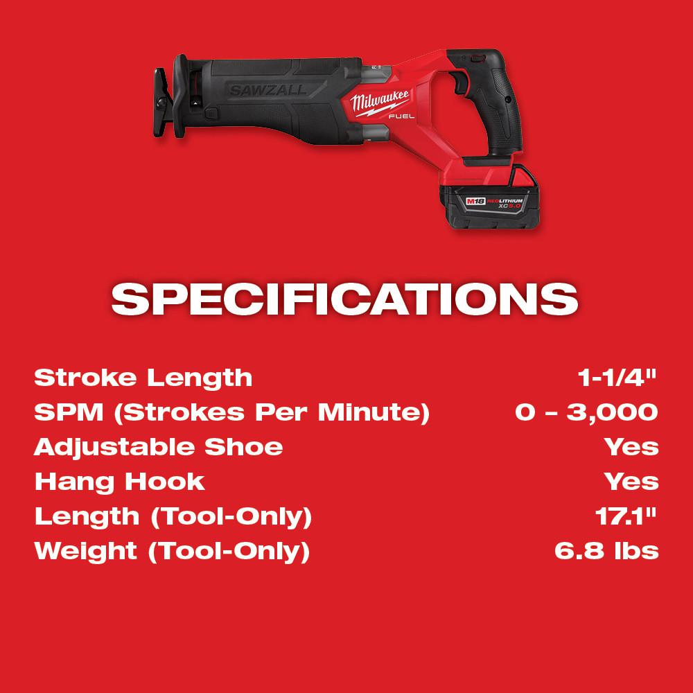 Milwaukee M18 FUEL 18-Volt Lithium-Ion Brushless Cordless SAWZALL Reciprocating Saw Kit W/one 5.0 Ah Batteries, Charger and Case