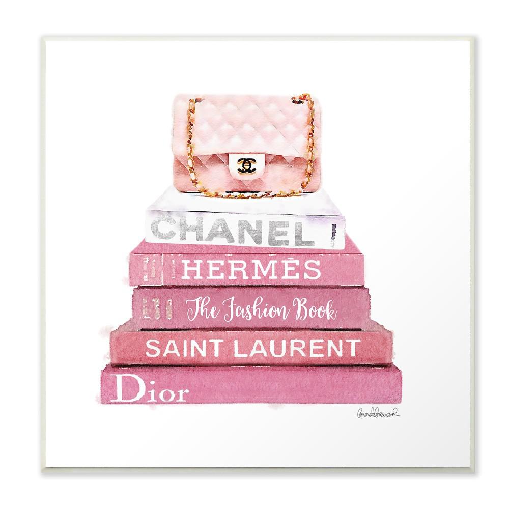 Stupell Industries 12 in. x 12 in. "Pink Book Stack Fashion Handbag" by Amanda Greenwood Printed Wood Wall Art