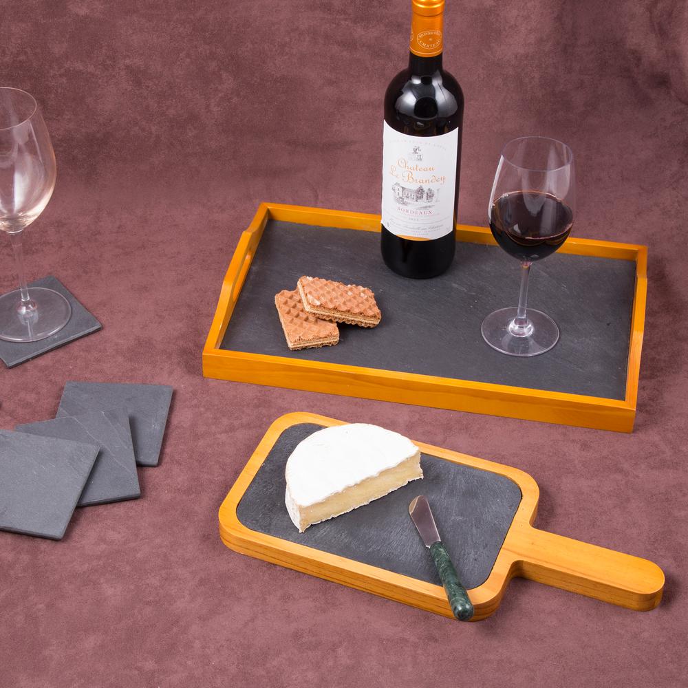 Creative Home 14.4 in. x 6.5 in. Natural Finish Pine Wood with Slate Insert Paddle Cheese Board Serving Board