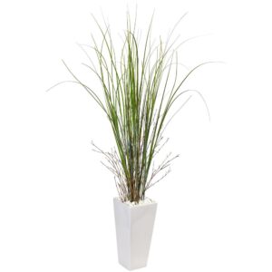 Nearly Natural Indoor Bamboo Grass Artificial Plant in White Tower Ceramic