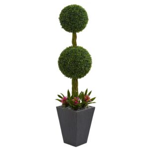 Nearly Natural 5 ft. High Indoor/Outdoor Double Boxwood Ball Topiary Artificial Tree in Slate Planter
