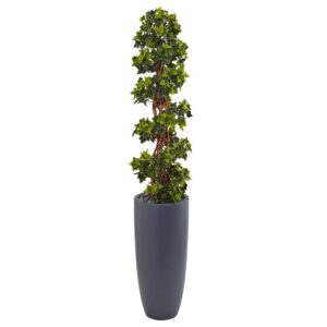 Nearly Natural Indoor/Outdoor English Ivy Spiral Topiary Artificial Tree in Gray Cylinder Planter UV Resistant