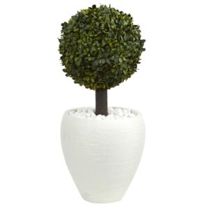 Nearly Natural 26 in. High Indoor/Outdoor Boxwood Topiary Artificial Tree in White Oval Planter