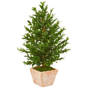 Nearly Natural Indoor/Outdoor 35-In. Olive Cone Topiary Artificial Tree in Terra Cotta Planter