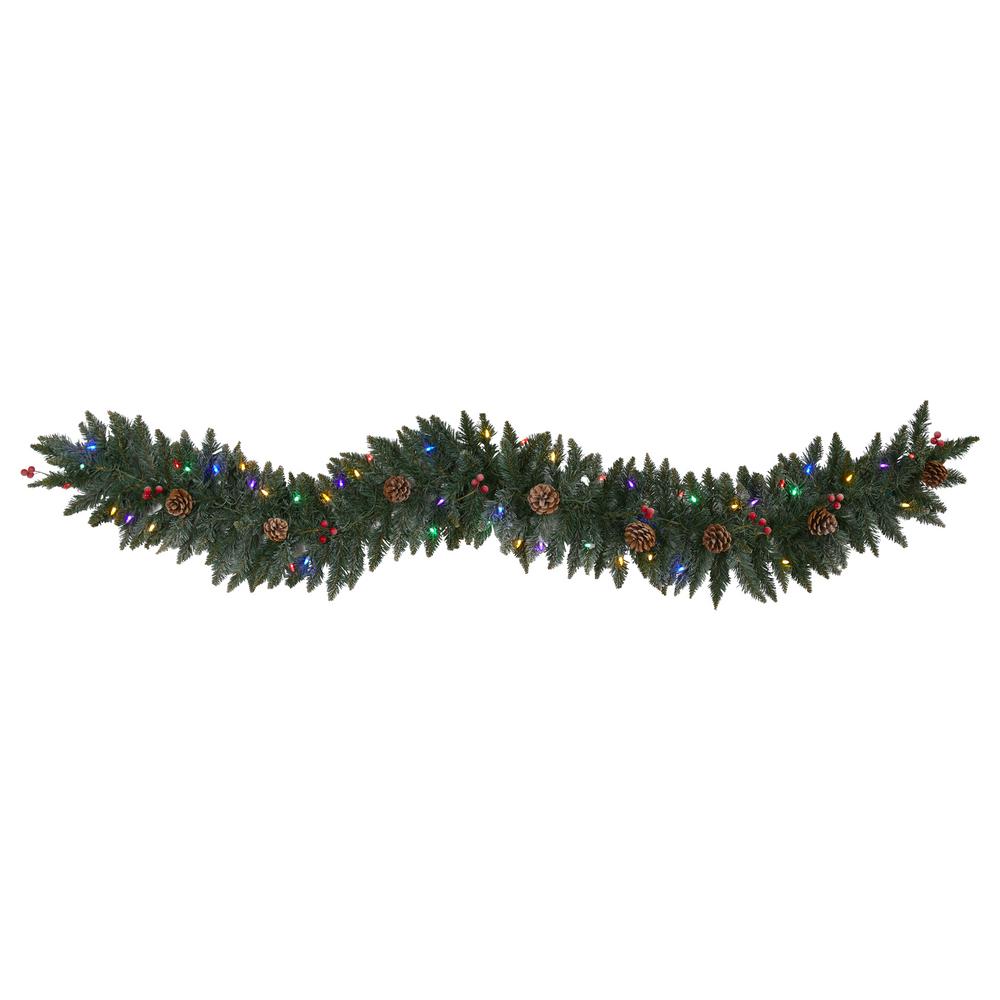 Nearly Natural 6 ft. Pre-Lit Snow Dusted Artificial Christmas Garland with 50 Multi-Colored LED Lights, Berries and Pinecones