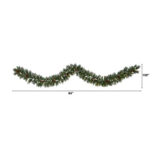 Nearly Natural 9 ft. Battery Operated Pre-lit Frosted Swiss Pine Artificial Garland with 50 Clear LED Lights and Berries
