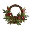 Nearly Natural 22in. Mixed Pine and Cedar with Berries and Pine Cones Artificial Wreath