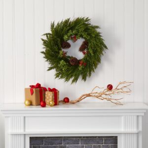 Nearly Natural 26 in. Cypress with Berries and Pine Cones Artificial Wreath