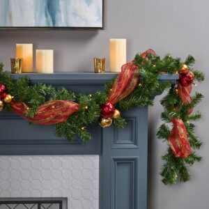 Noble House 9 ft. Green Battery Operated Pre-Lit Warm White LED Noble Fir Pre-Decorated Artificial Christmas Garland